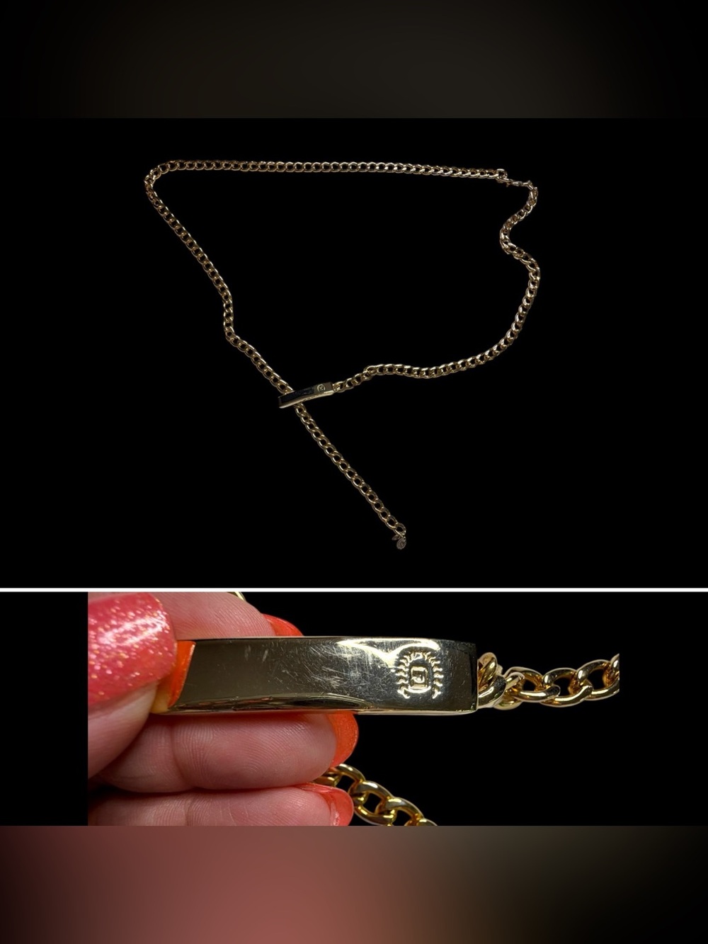 Vintage Liz Claiborne Gold Curb Chain Belt Crest Laurel Wreath Plaque Plated 90s